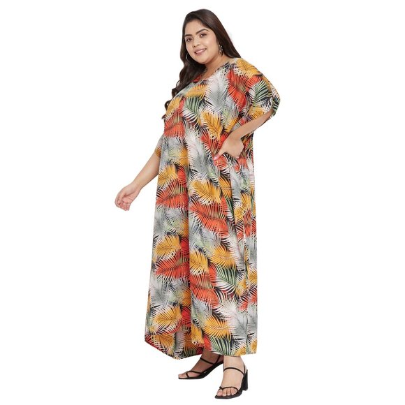 Women Multicolor Polyester Leaf Printed Kaftan Maxi Party Dress by Gypsie Blu - Picture 7 of 9